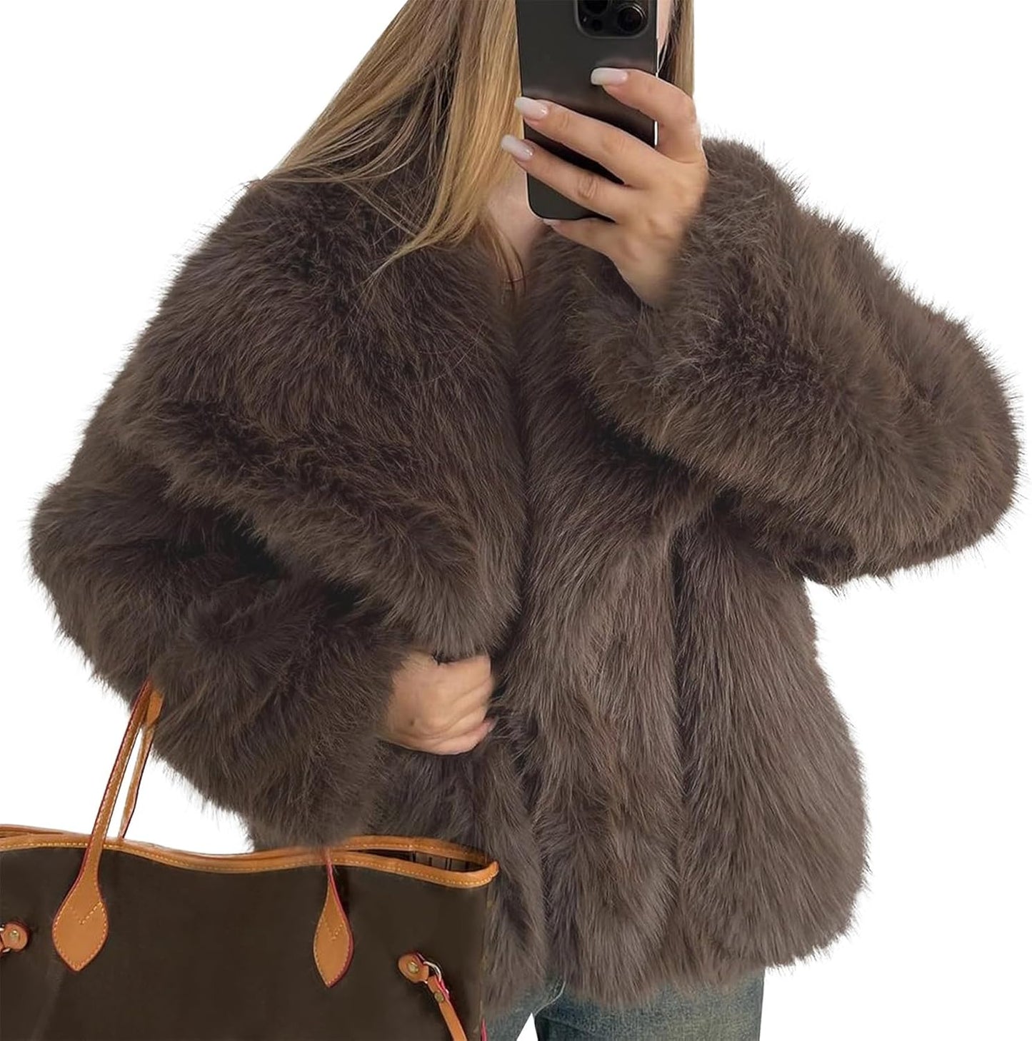 Damen Kunstpelz-Mantel, Shaggy Oversized mit Reverskragen, Knopfleiste, Flauschige Jacke für warme Winteroutfits