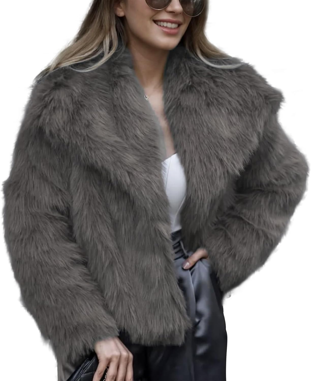 Damen Kunstpelz-Mantel, Shaggy Oversized mit Reverskragen, Knopfleiste, Flauschige Jacke für warme Winteroutfits