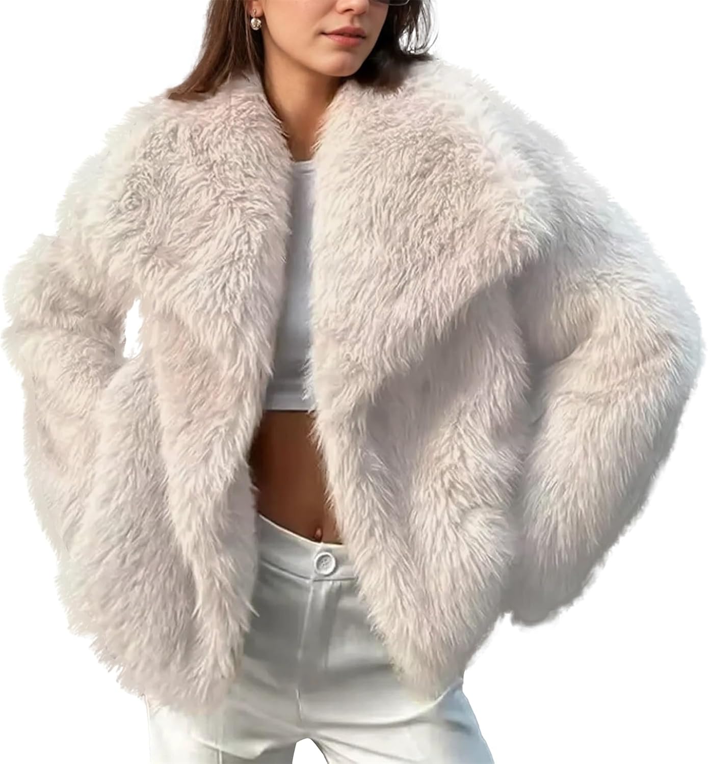 Damen Kunstpelz-Mantel, Shaggy Oversized mit Reverskragen, Knopfleiste, Flauschige Jacke für warme Winteroutfits