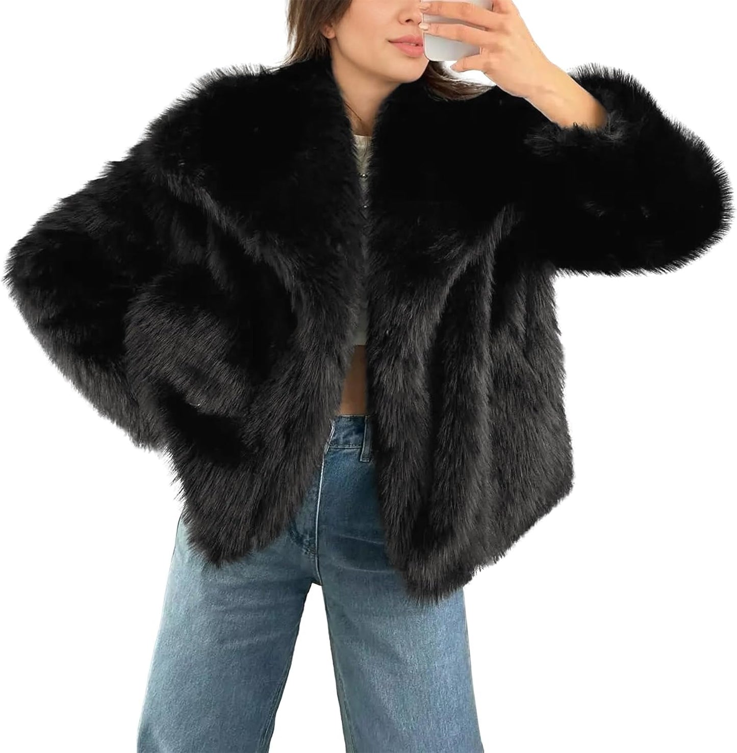 Damen Kunstpelz-Mantel, Shaggy Oversized mit Reverskragen, Knopfleiste, Flauschige Jacke für warme Winteroutfits