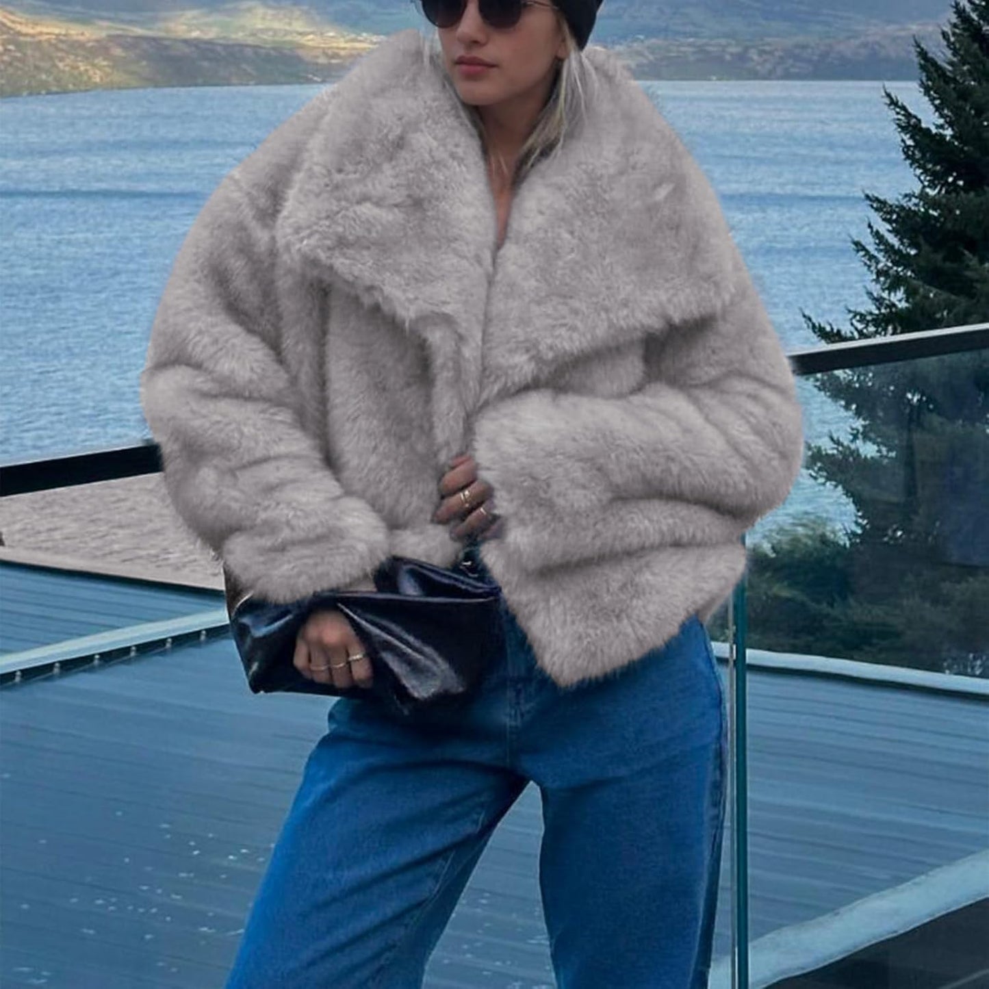 Damen Kunstpelz-Mantel, Shaggy Oversized mit Reverskragen, Knopfleiste, Flauschige Jacke für warme Winteroutfits