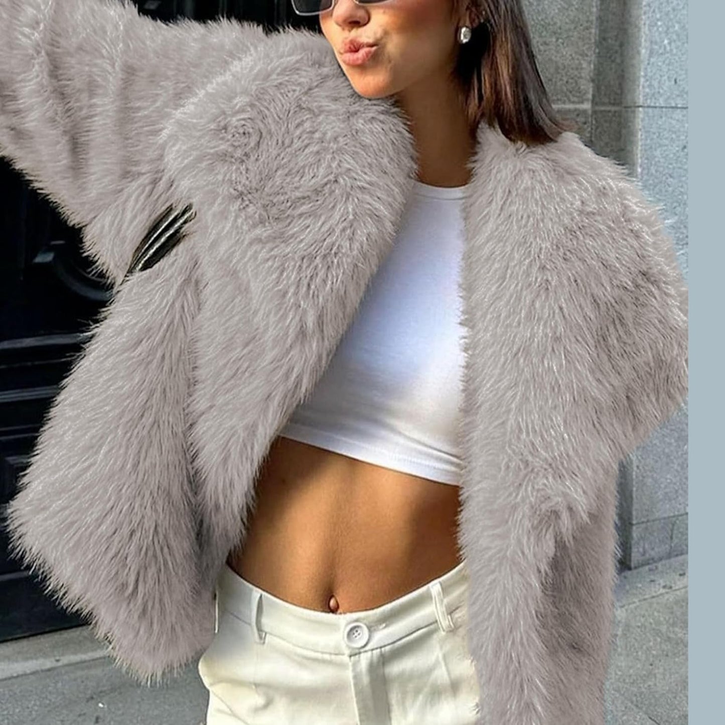 Damen Kunstpelz-Mantel, Shaggy Oversized mit Reverskragen, Knopfleiste, Flauschige Jacke für warme Winteroutfits