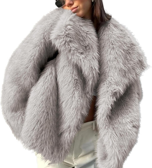 Damen Kunstpelz-Mantel, Shaggy Oversized mit Reverskragen, Knopfleiste, Flauschige Jacke für warme Winteroutfits
