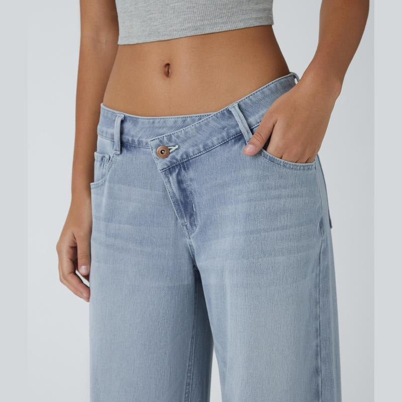 Halara Flex™ Asymmetrische Low-Rise-Jeans, Reißverschlusstaschen, Baggy, Weites Bein, Gewaschen, Lässig
