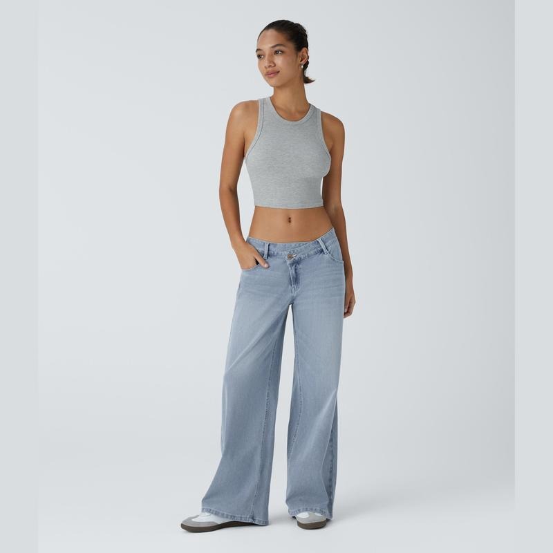 Halara Flex™ Asymmetrische Low-Rise-Jeans, Reißverschlusstaschen, Baggy, Weites Bein, Gewaschen, Lässig