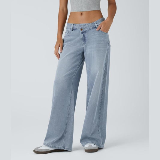 Halara Flex™ Asymmetrische Low-Rise-Jeans, Reißverschlusstaschen, Baggy, Weites Bein, Gewaschen, Lässig