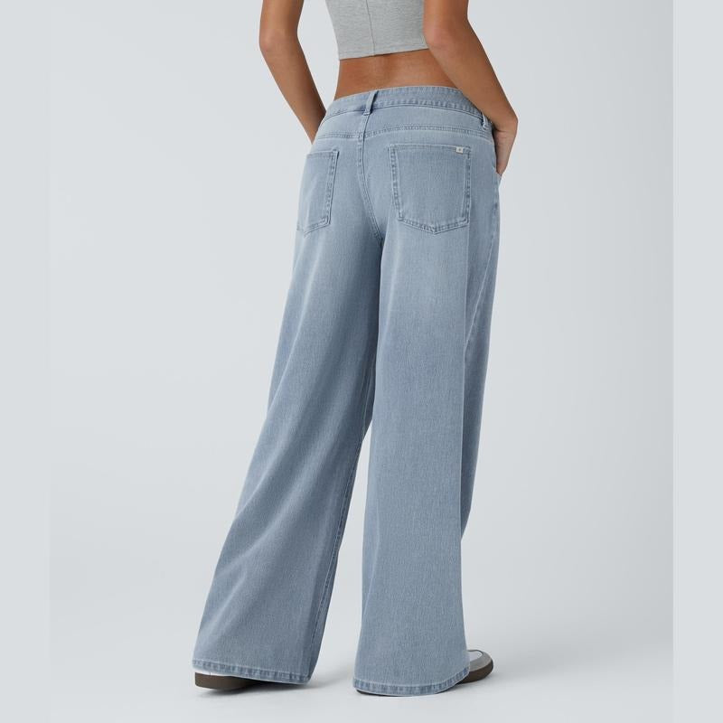Halara Flex™ Asymmetrische Low-Rise-Jeans, Reißverschlusstaschen, Baggy, Weites Bein, Gewaschen, Lässig