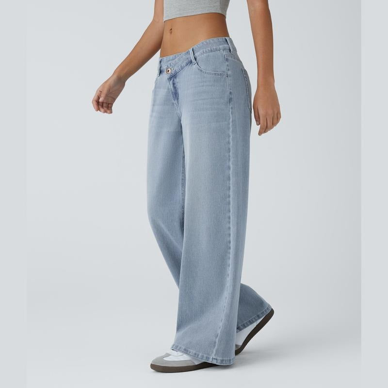 Halara Flex™ Asymmetrische Low-Rise-Jeans, Reißverschlusstaschen, Baggy, Weites Bein, Gewaschen, Lässig