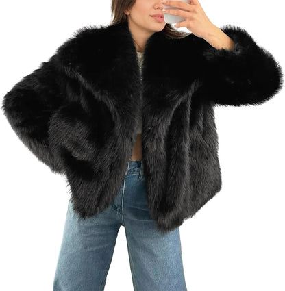 Damen Kunstpelz-Mantel, Shaggy Oversized mit Reverskragen, Knopfleiste, Flauschige Jacke für warme Winteroutfits