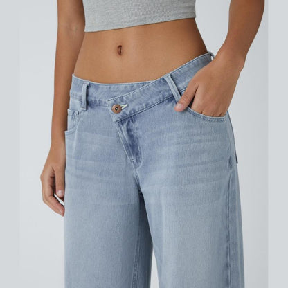 Halara Flex™ Asymmetrische Low-Rise-Jeans, Reißverschlusstaschen, Baggy, Weites Bein, Gewaschen, Lässig