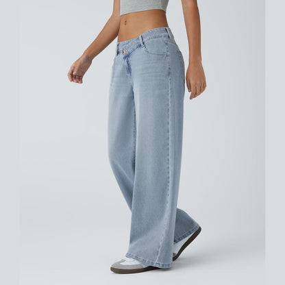 Halara Flex™ Asymmetrische Low-Rise-Jeans, Reißverschlusstaschen, Baggy, Weites Bein, Gewaschen, Lässig